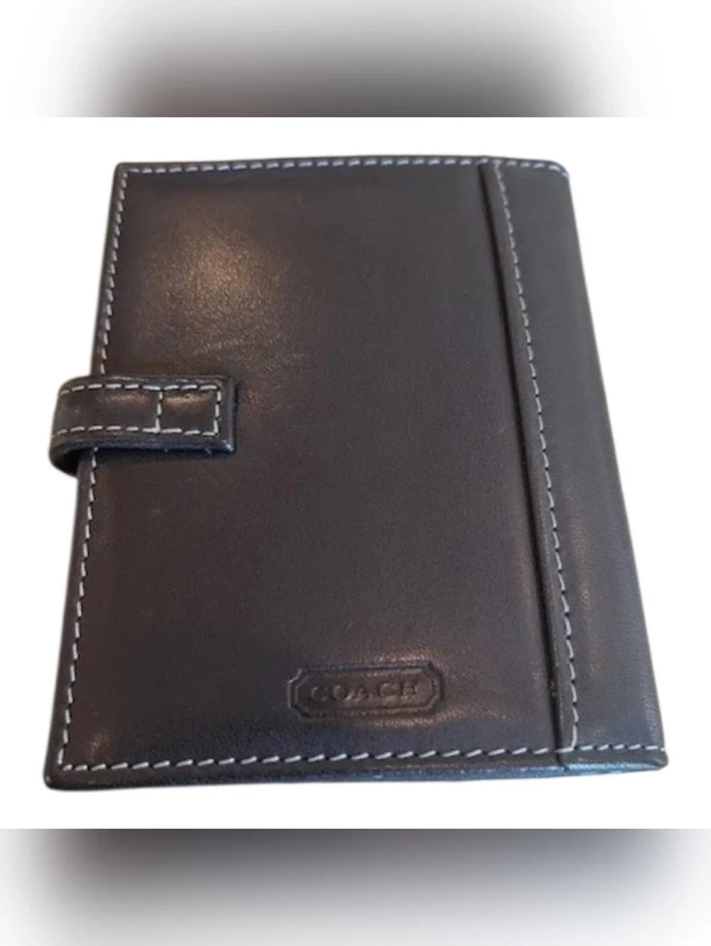 Coach Black Leather Tab Closure Wallet with White Stitching